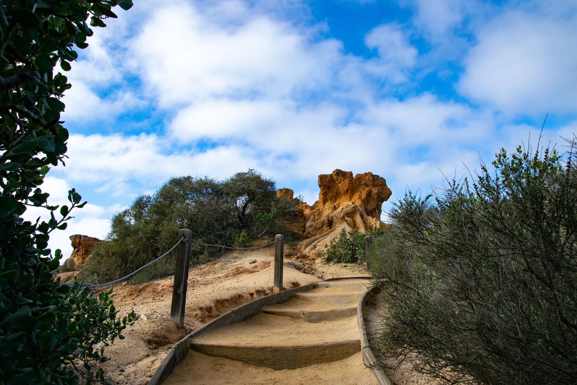 The stairs on the trail up to Red Butte, the famous rock formation in Torrey Pines State Reserve.