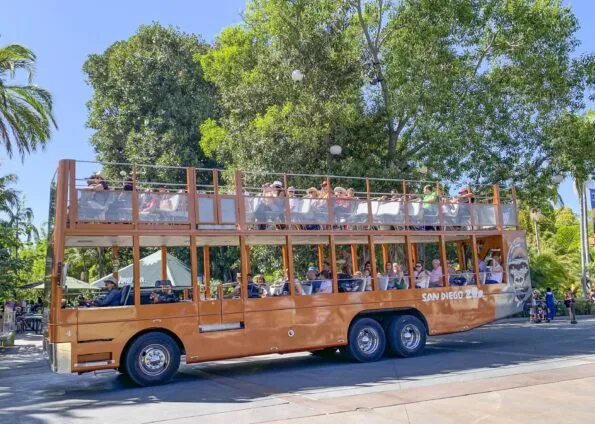 Guests ride the San Diego Zoo guided bus tour through the park.