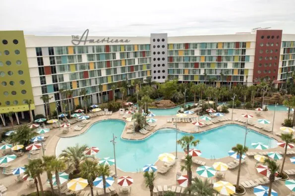 One of the swimming pools and the lazy river at Cabana Bay Beach Resort, an Orlando family hotel.