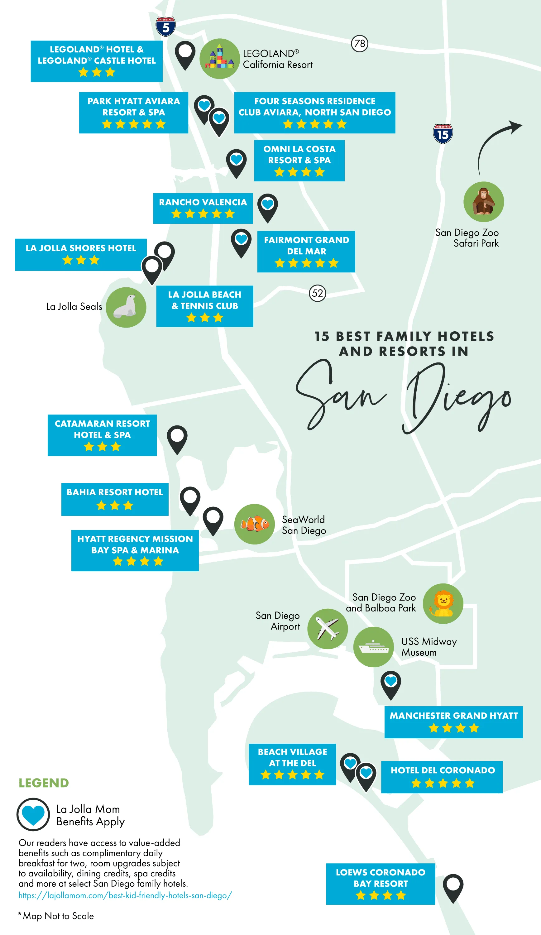 An illustrated map of the best family hotels and resorts in San Diego and major attractions near them.