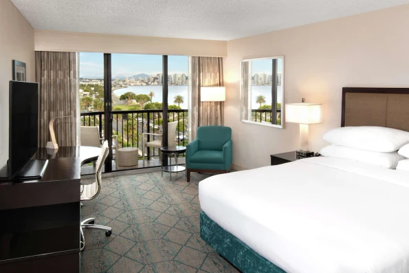 San Diego Bay view from a king room at Hilton San Diego Airport.