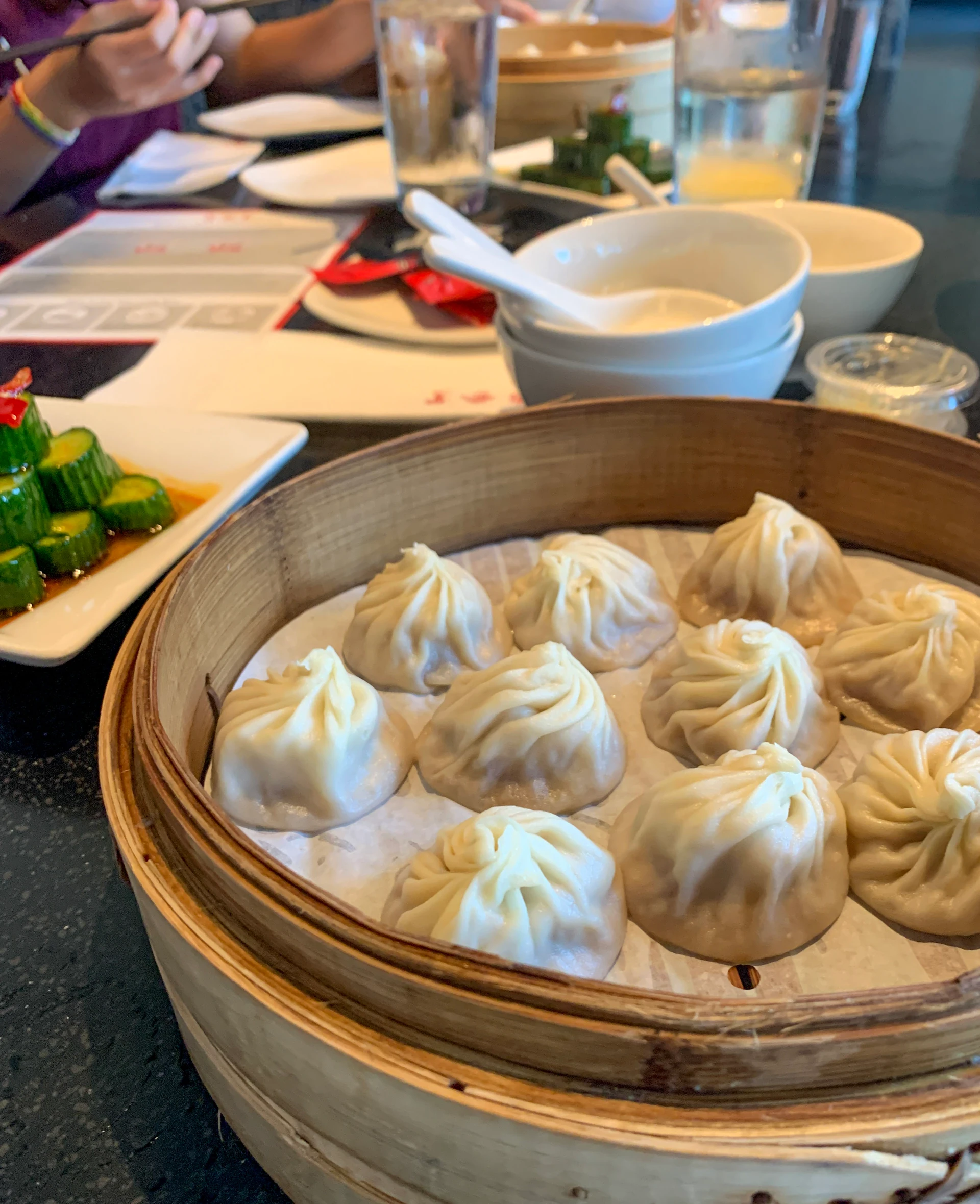 Xiao long bao in a bamboo steamer at Din Tai Fung UTC.
