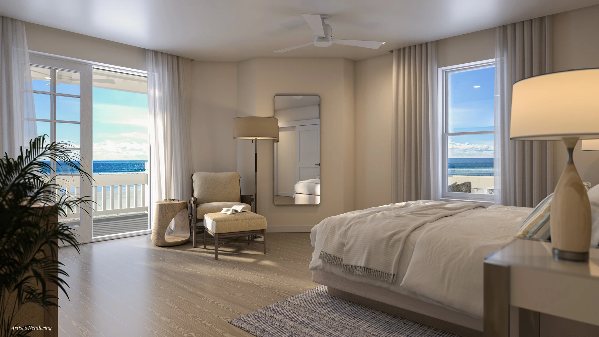 Bedroom interior with neutral colors at Shore House at Hotel del Coronado