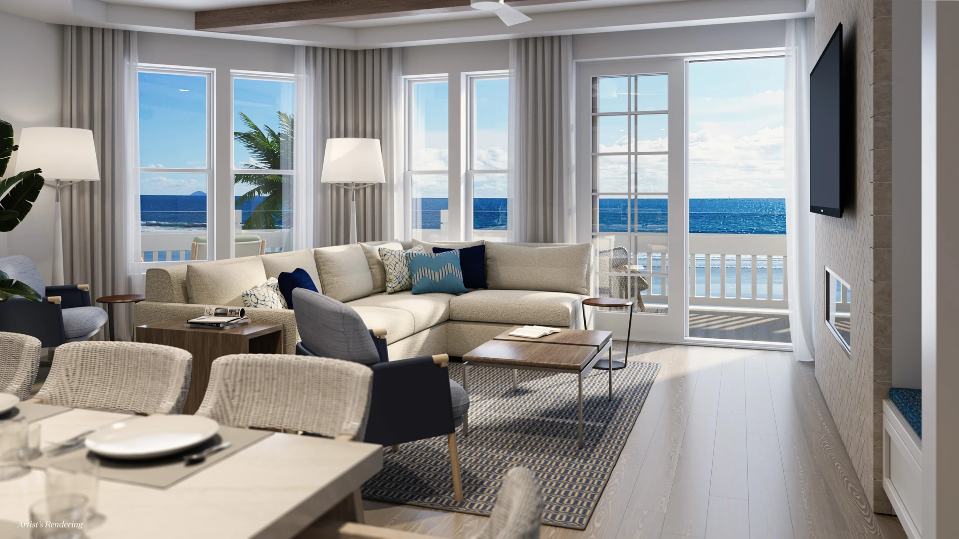 A living room at Hotel del Coronado's Shore House