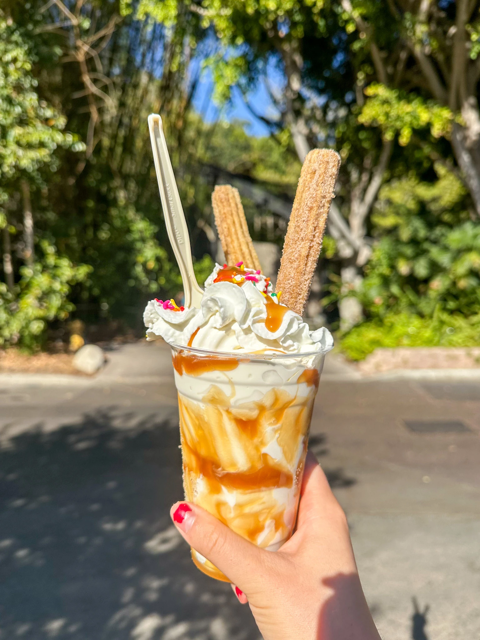 My daughter holds her churro sundae with sprinkles and whipped cream from Hua Mei Cones.