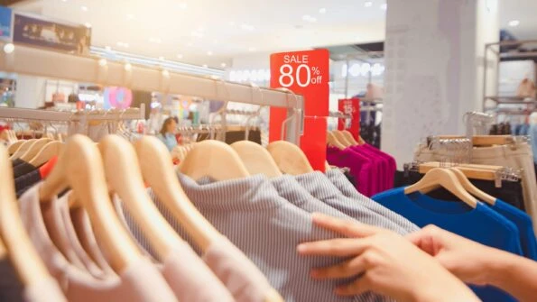 A woman browses a rack of clothes that is 80% off at an outlet store.