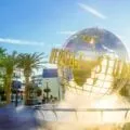 Universal Studios Hollywood globe at the entrance shining in the morning sunlight.