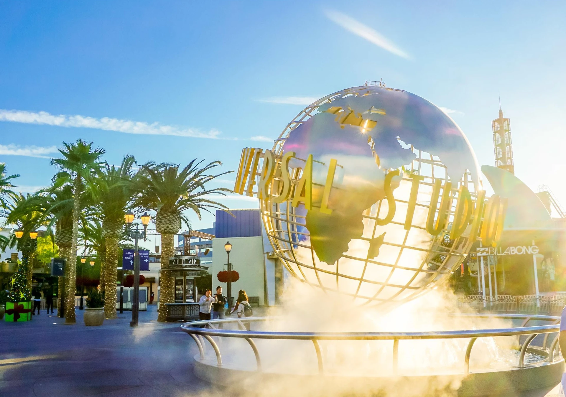 Universal Studios Hollywood globe at the entrance shining in the morning sunlight.