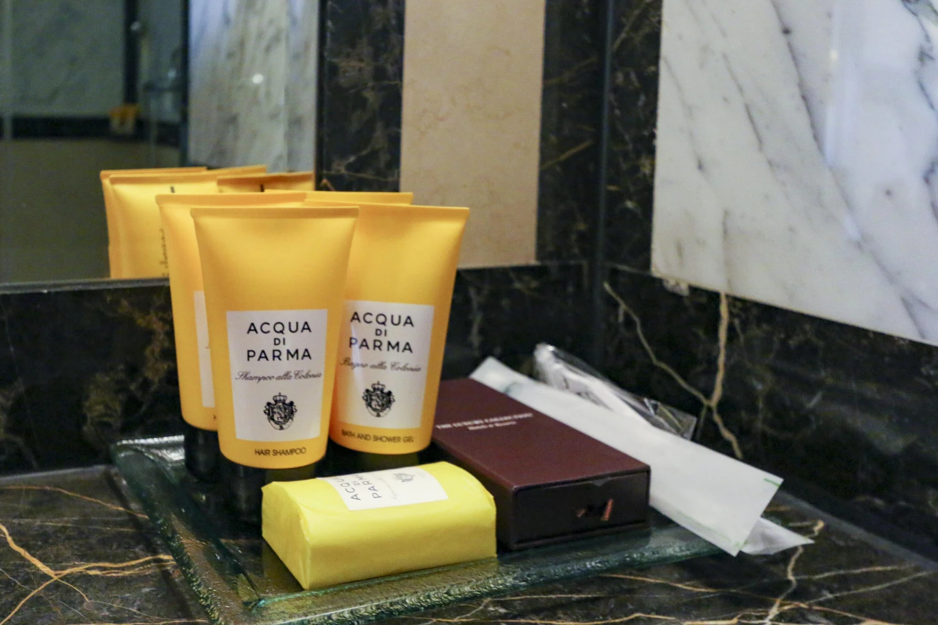 Full size Acqua di Parma bath amenities in our Deluxe Suite at Hotel Grande Bretagne Athens.
