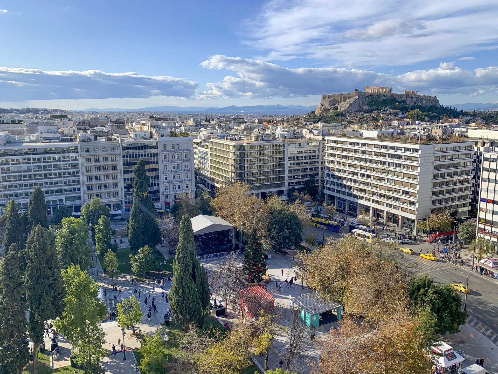 View over Syntagma Square to the Acropolis on a sunny day in Athens.