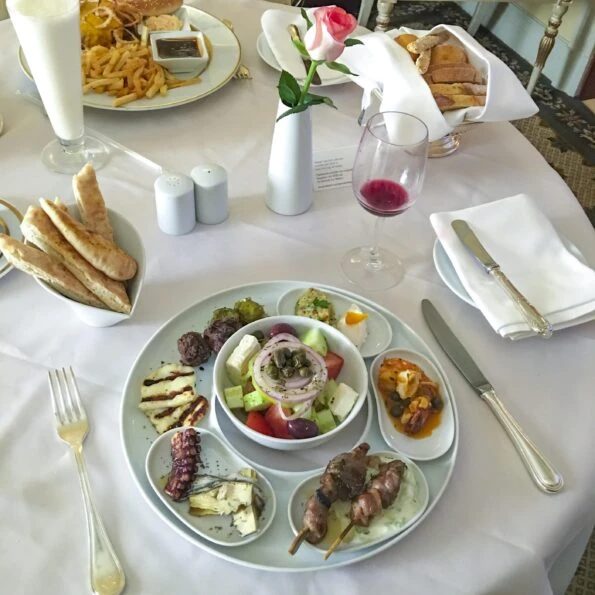 Room service mezze on a tray.