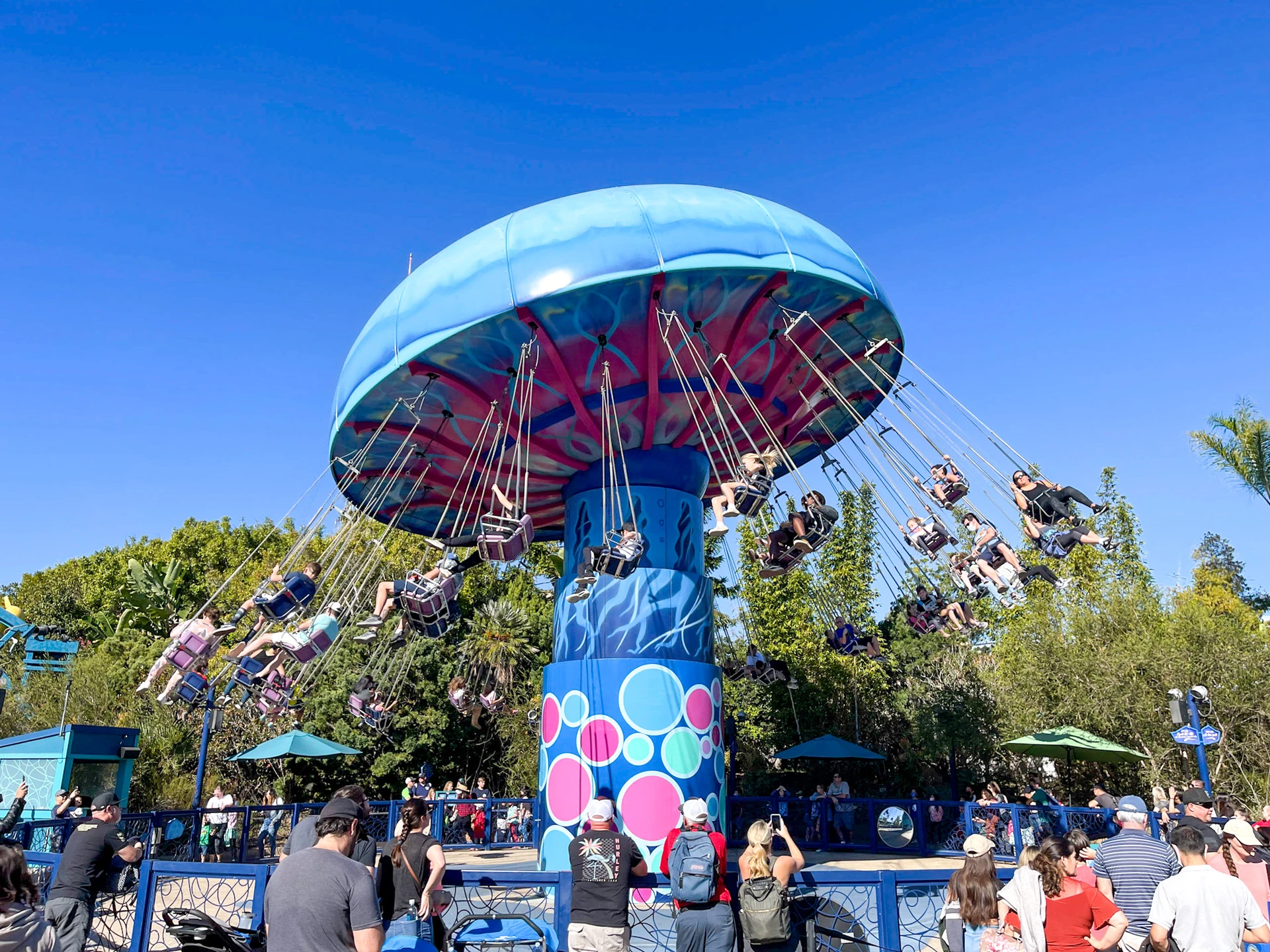 Tentacle Twirl spins younger kids around in swings at SeaWorld San Diego.
