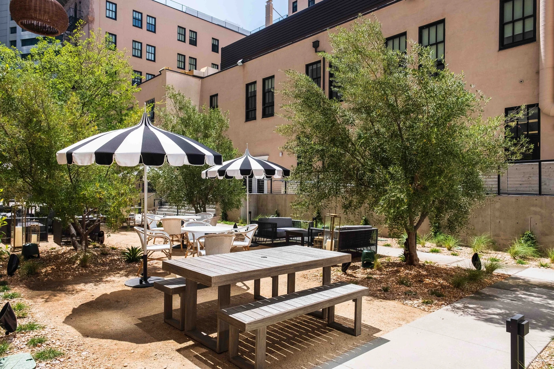 Picnic tables and trees in Grace Garden.