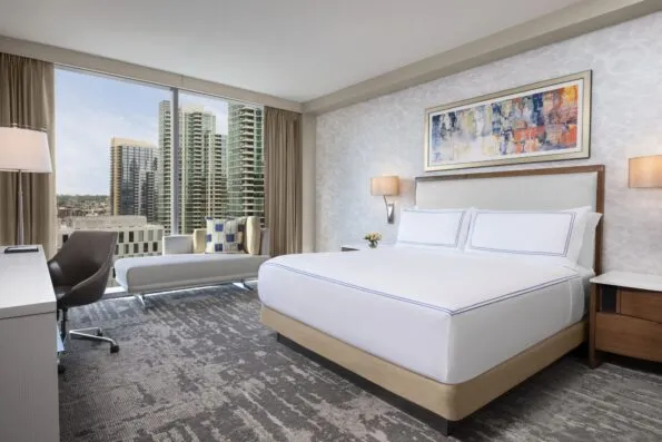 A king Club Room interior at InterContinental San Diego with a city view.