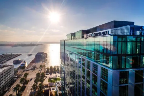 Exterior view of the InterContinental San Diego building looking out toward San Diego Bay across the street.