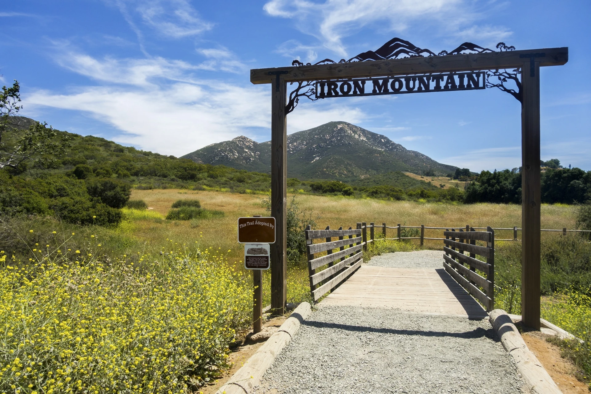 The Iron Mountain trailhead sign with mountains and fields in the background.