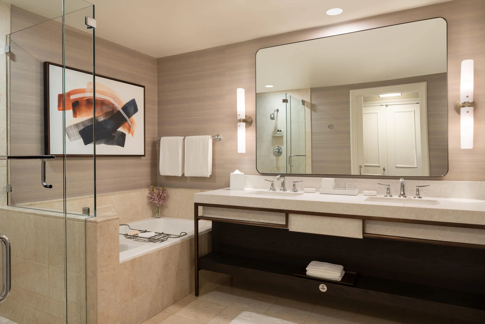 A marble bathroom in a guest room at Park Hyatt Aviara in San Diego