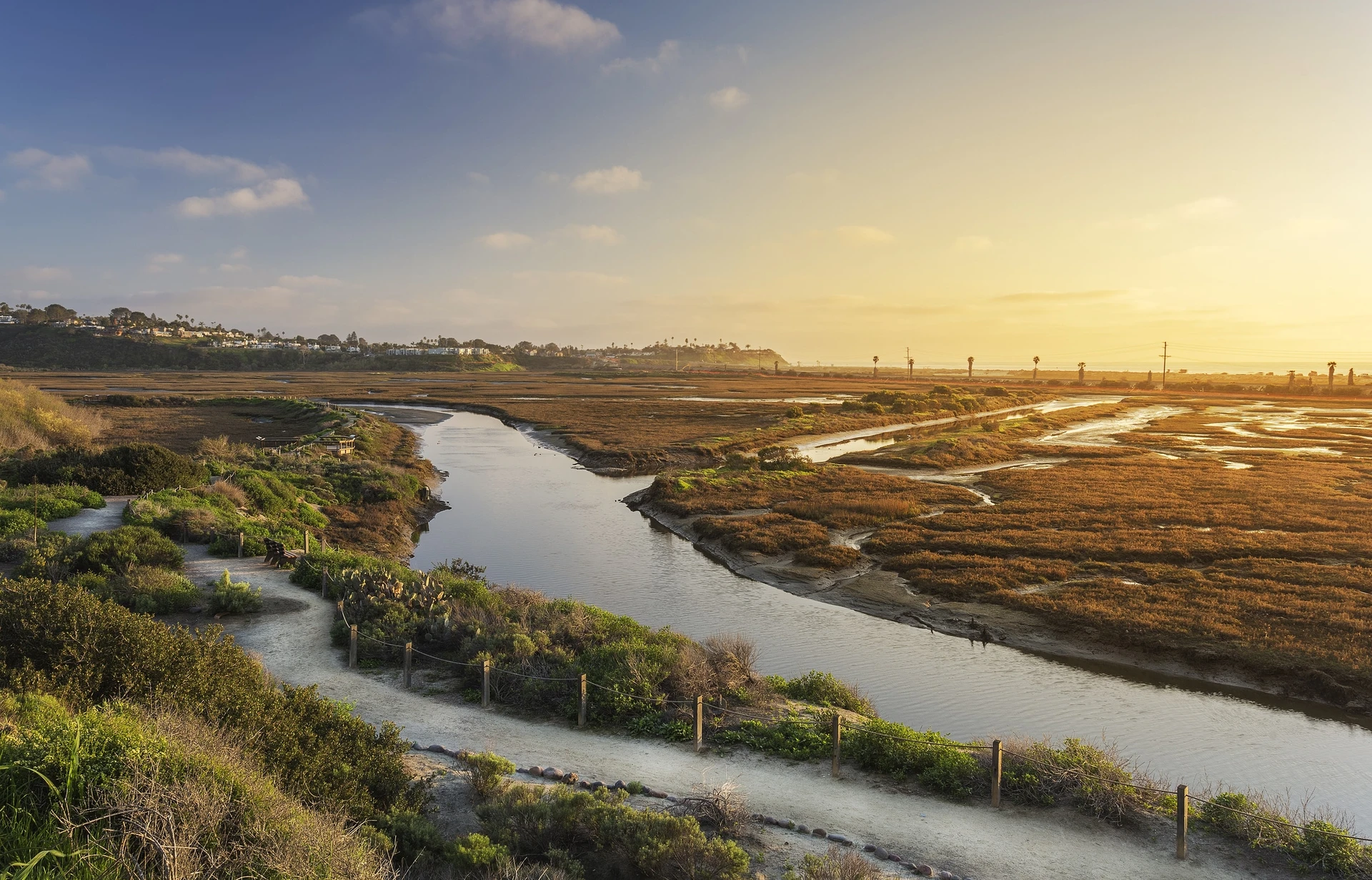 A San Elijo Lagoon trail at sunset.