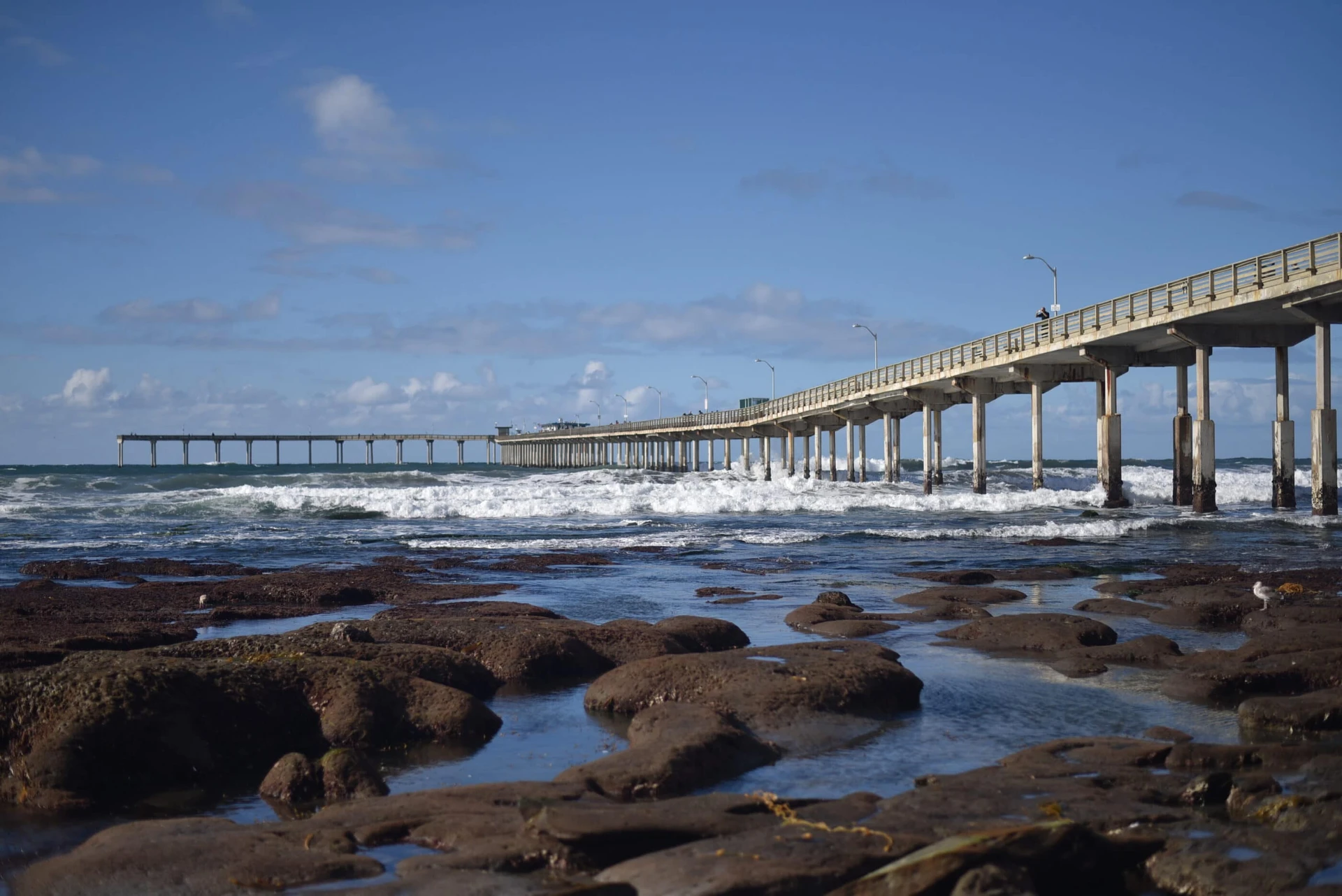 View over the Ocean Beach tide pools out to the end of the OB Pier.
