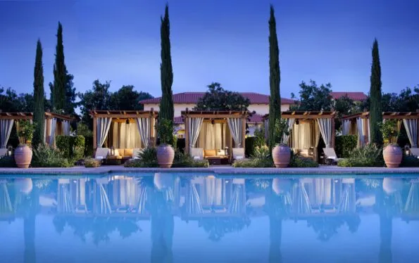 The spa pool and cabanas with evening light