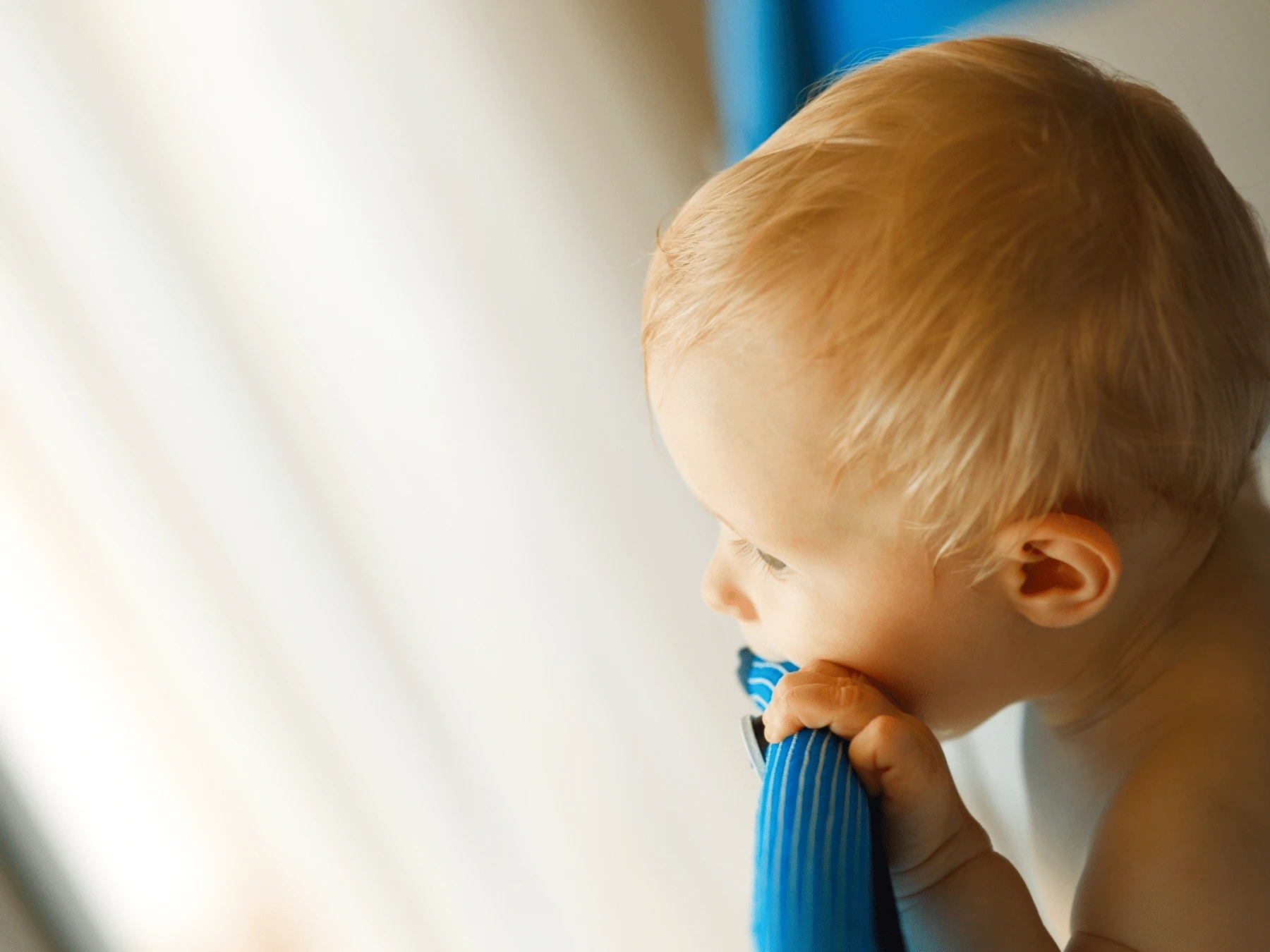 A baby looks out from a travel crib.