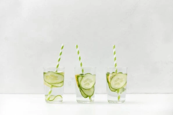 Cucumber infused ready to drink clear water served in transparent glasses with straws, front view