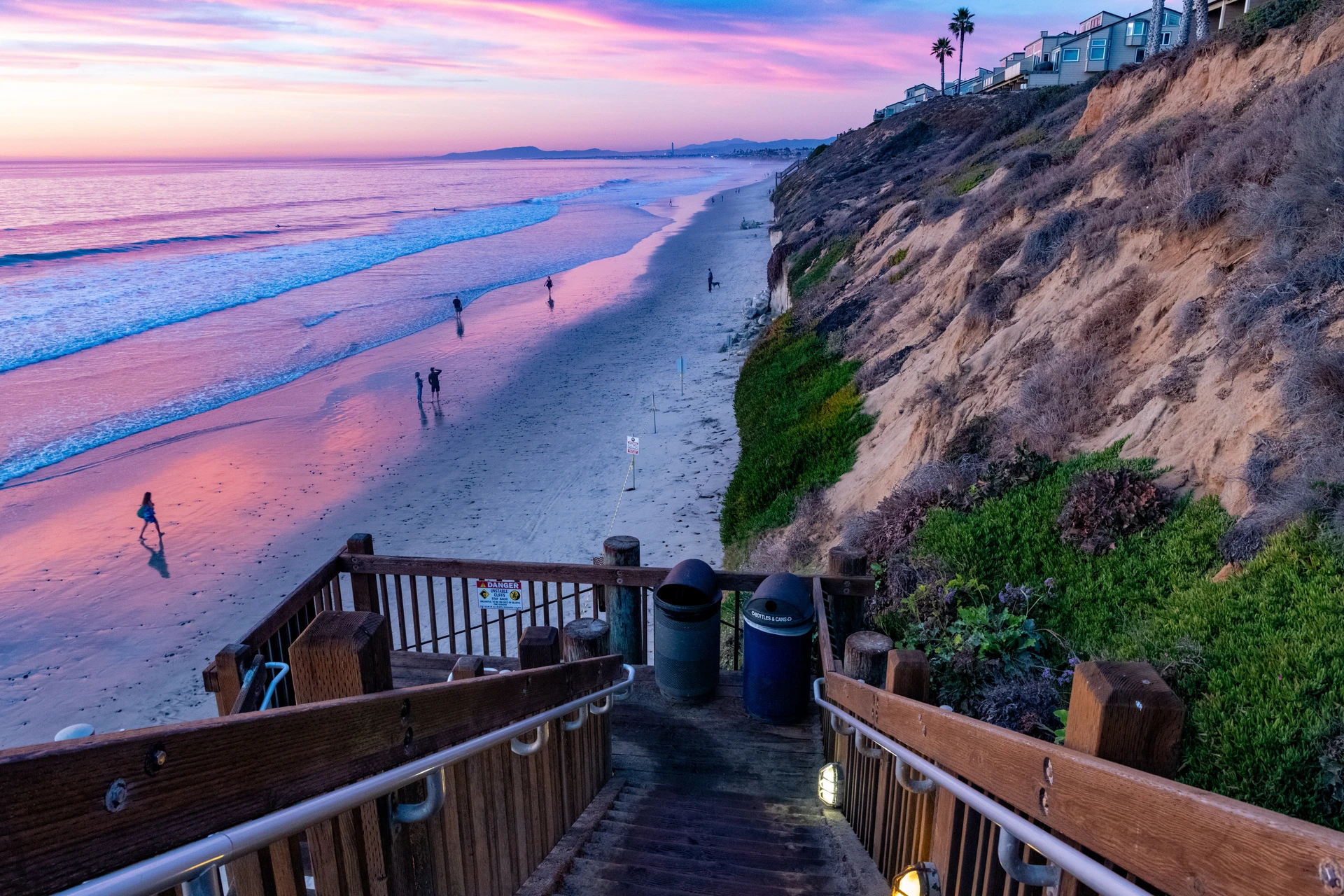 Stairs down to Grandview Beach Encinitas at dusk.