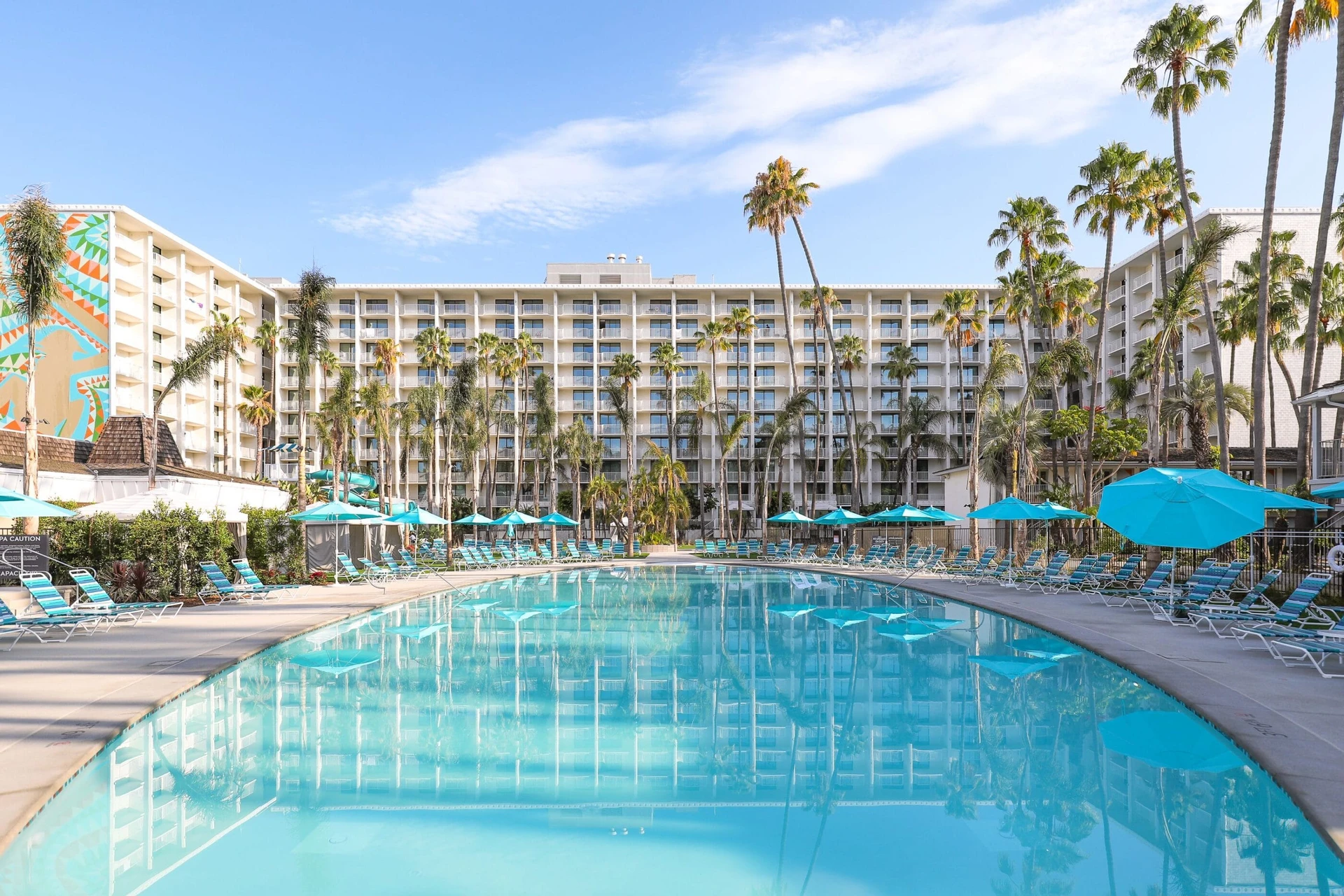 View over the swimming pool to the main building of Town and Country Resort.