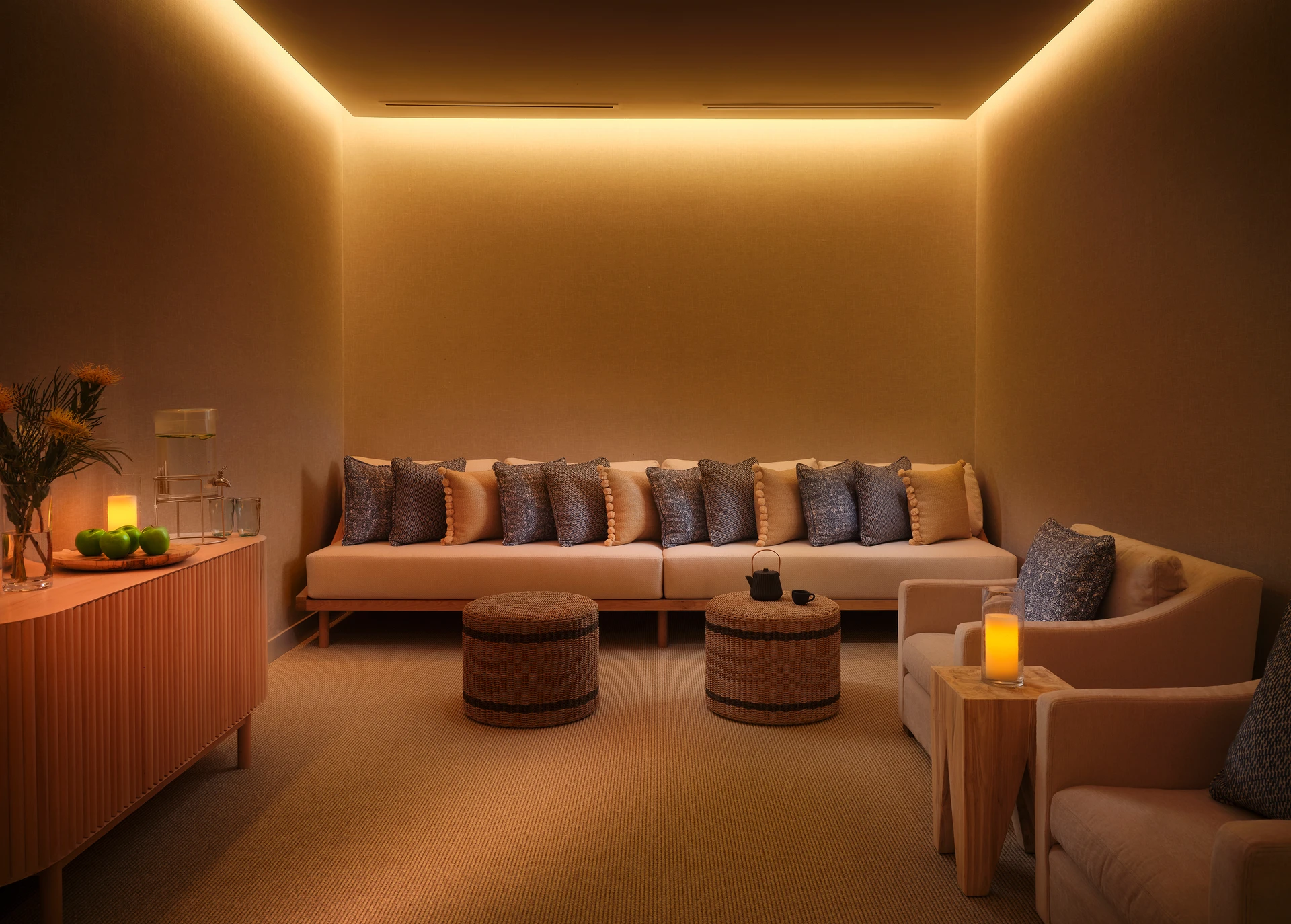 A dimly-lit Spa Alila lounge area.