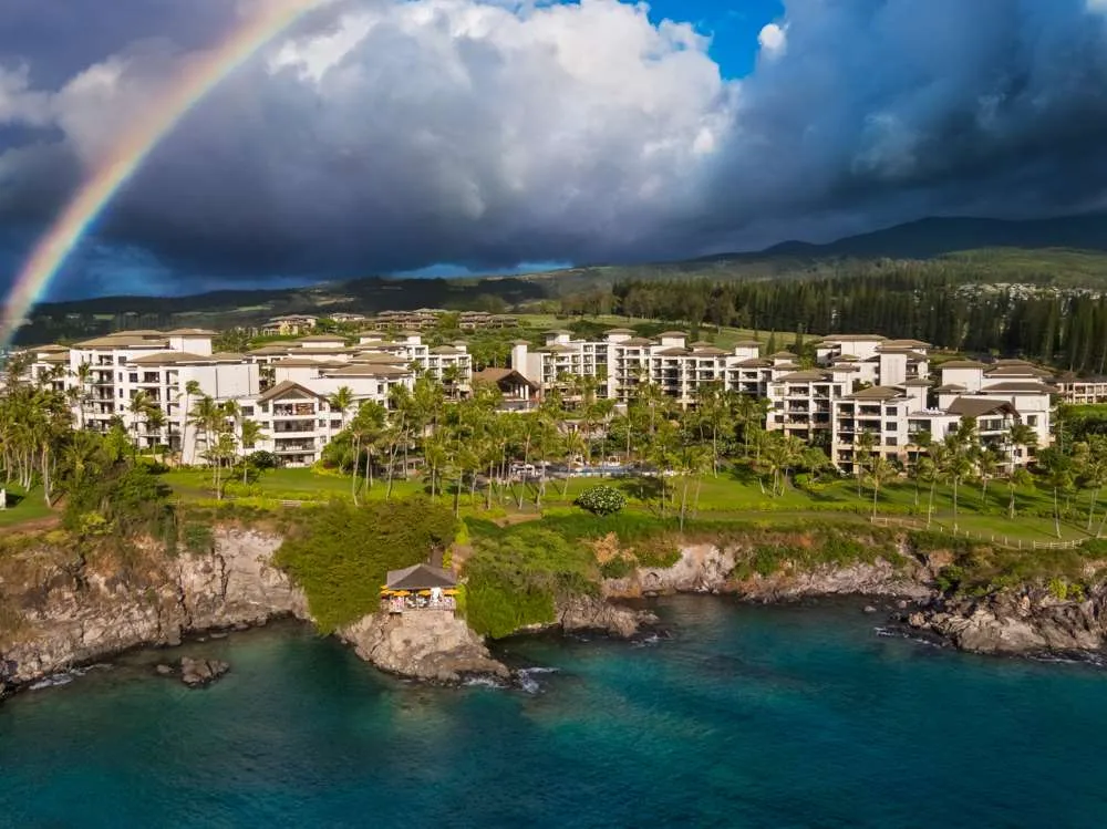 Aerial view of Montage Kapalua Bay from the ocean.