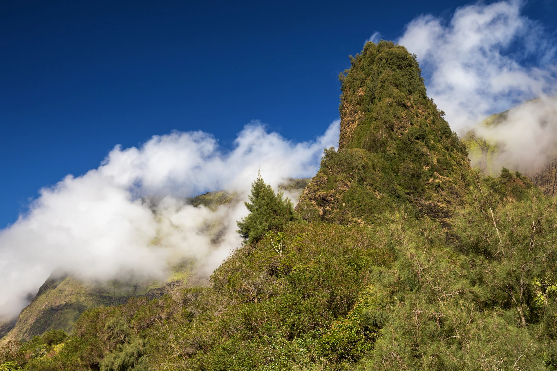 The needle of Iao Valley State Park surrounded by clouds and blue skies.