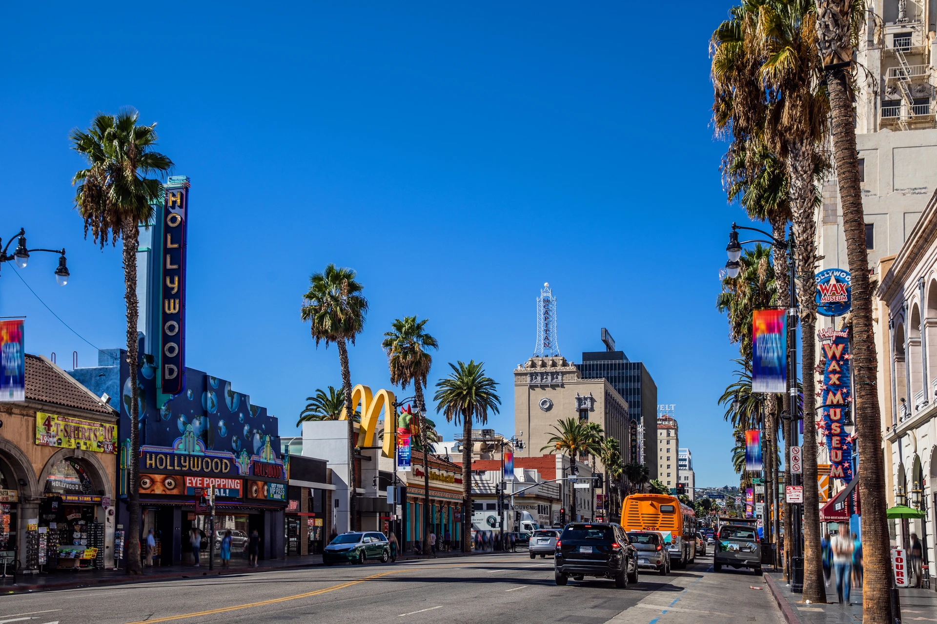 A view down Hollywood Boulevard on a sunny day.