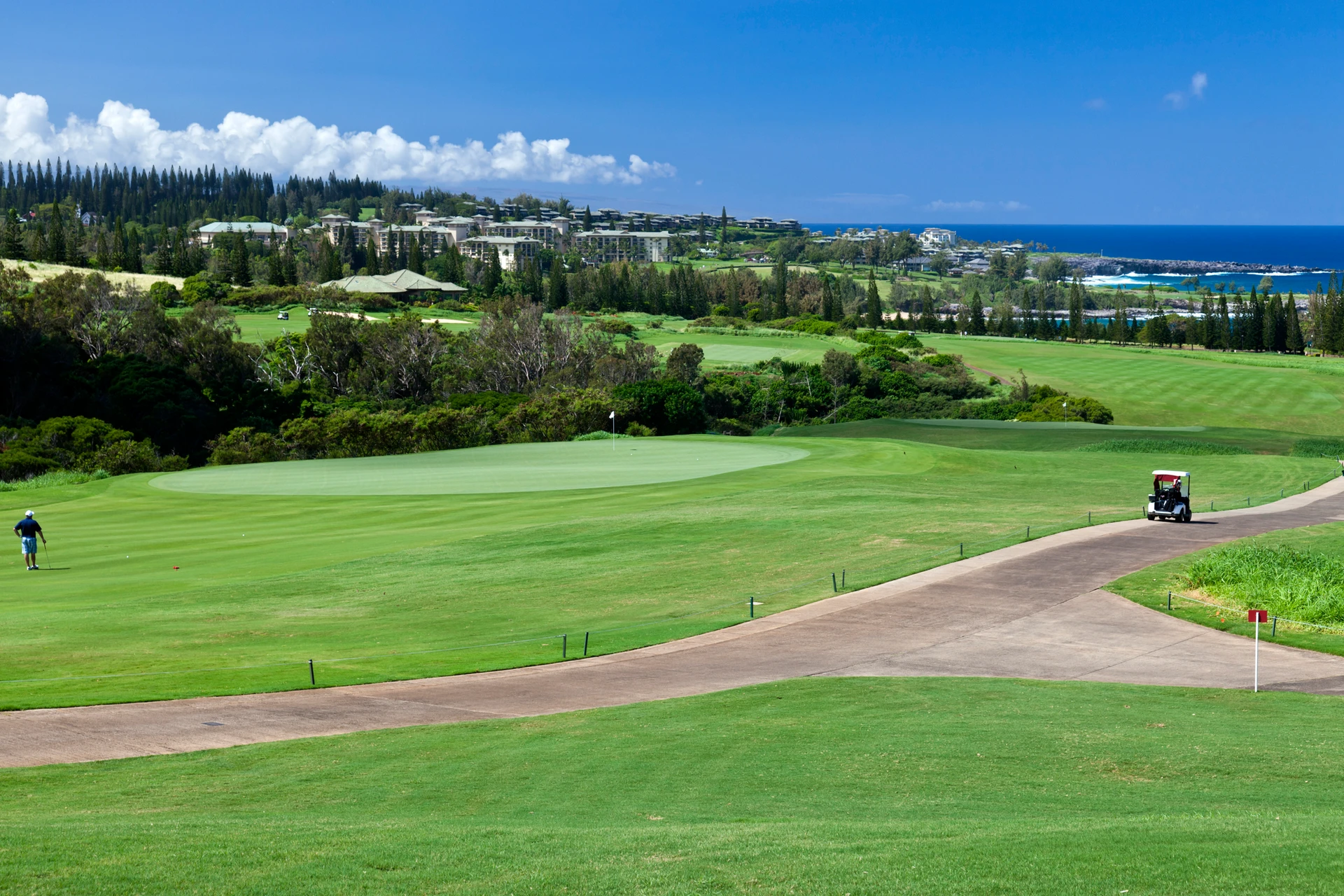 A golf cart drives along an oceanfront golf course in Kapalua.