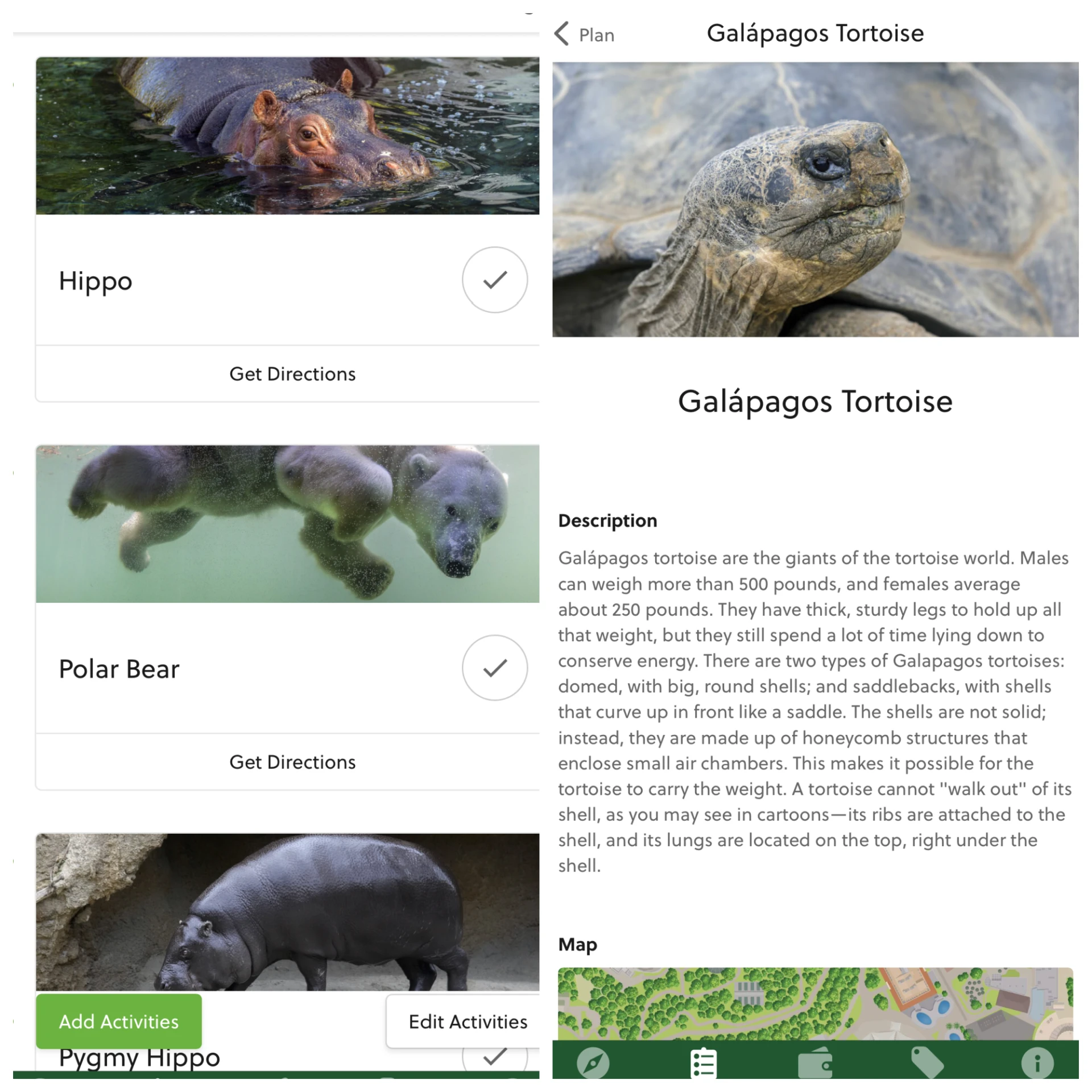 Screenshot of how to learn about and bookmark animals you'd like to see.
