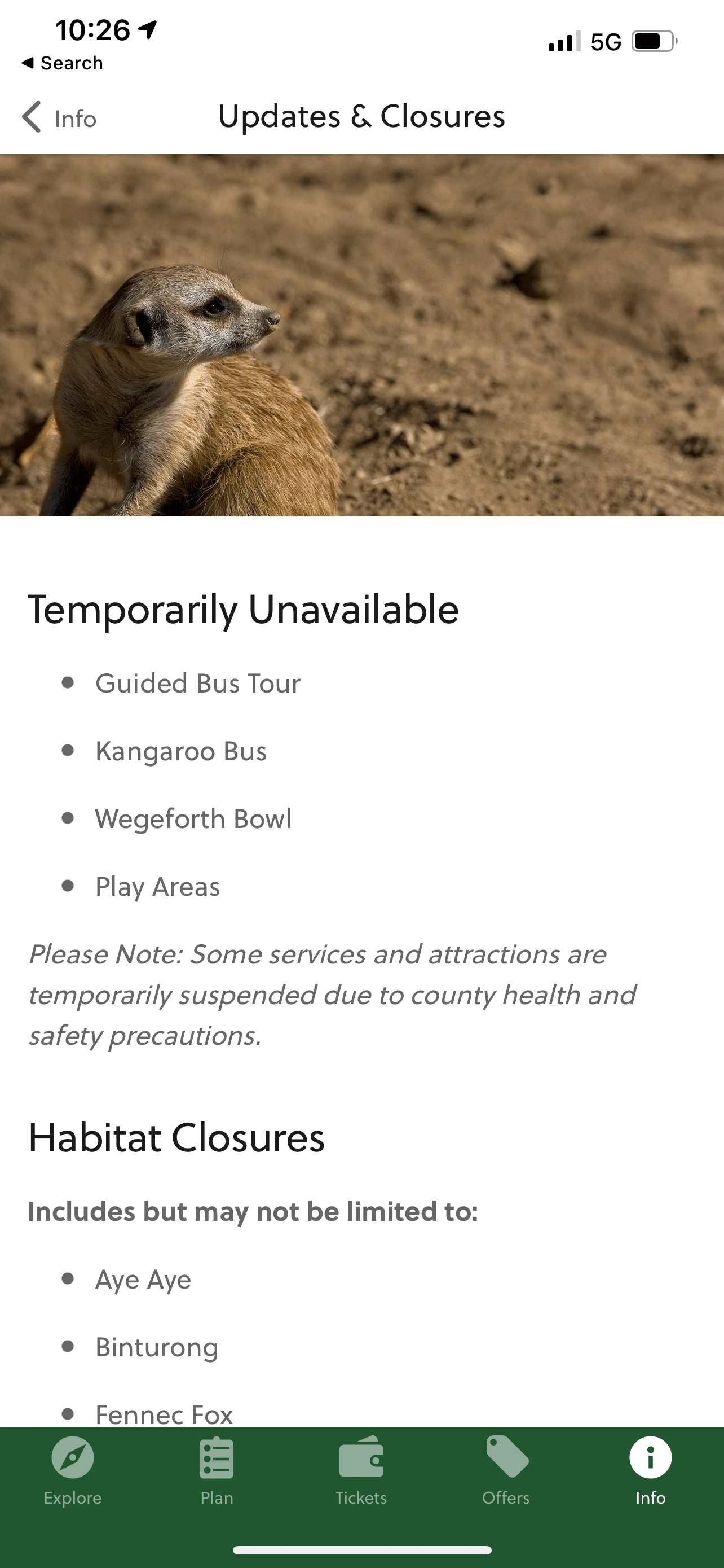 App screenshot showing what's closed at San Diego Zoo.