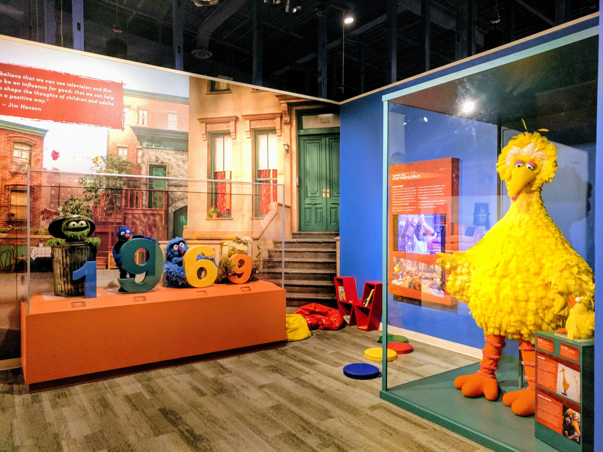 Big Bird and other Sesame Street characters on display.