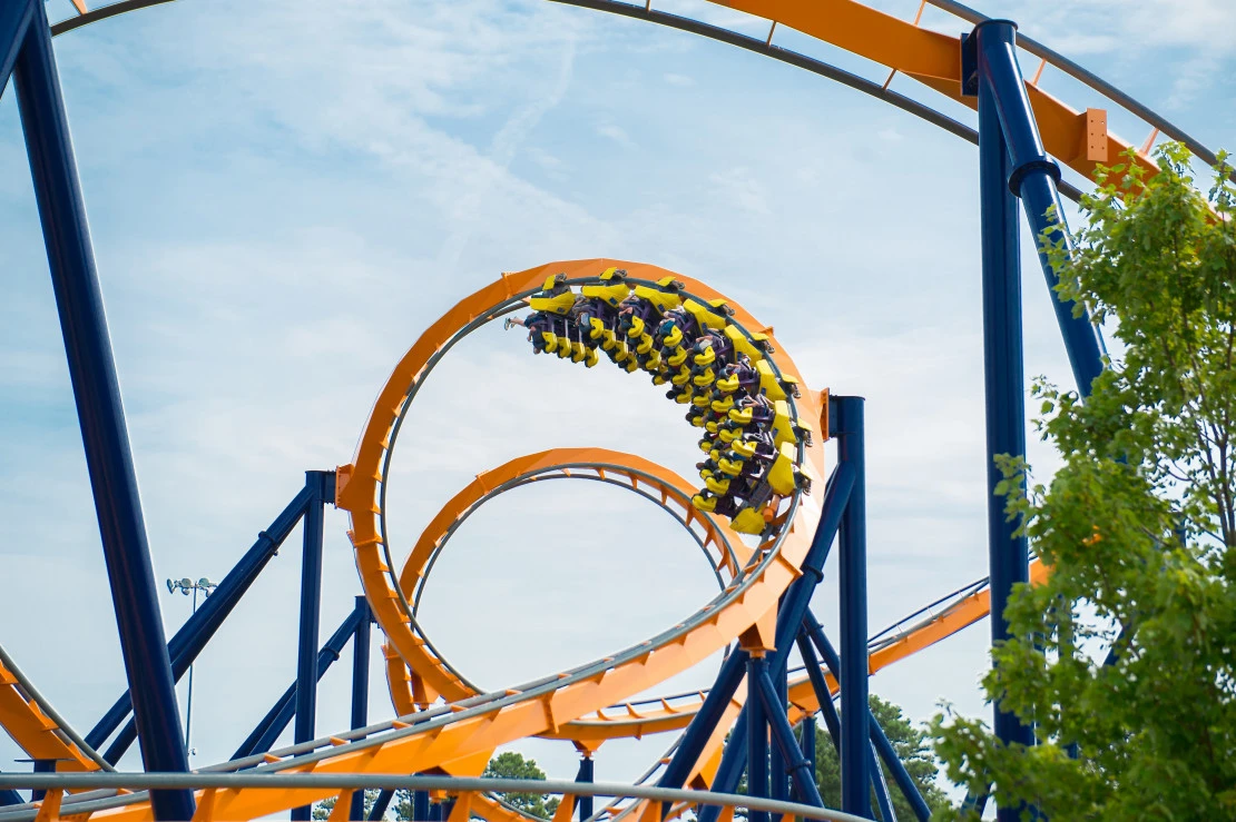 An inverted turn on a King's Dominion roller coaster.