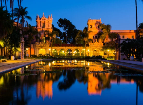 Balboa Park buildings at night.