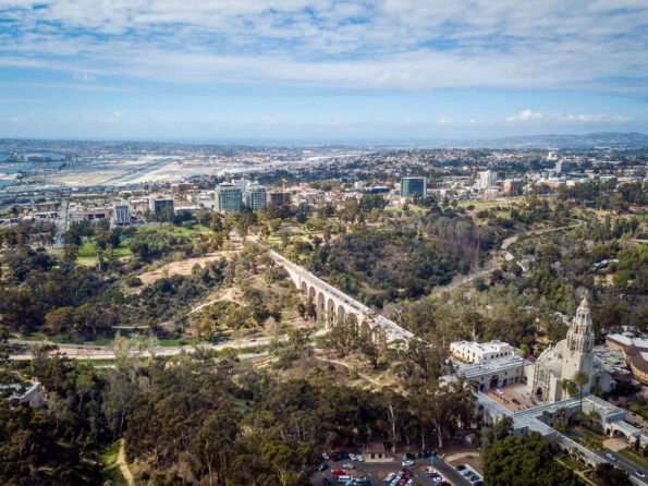 Aerial view of the abandoned 163 freeway in Balboa Park.