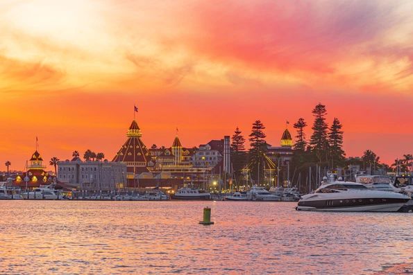 Sunset view over the San Diego Bay to Hotel del Coronado.
