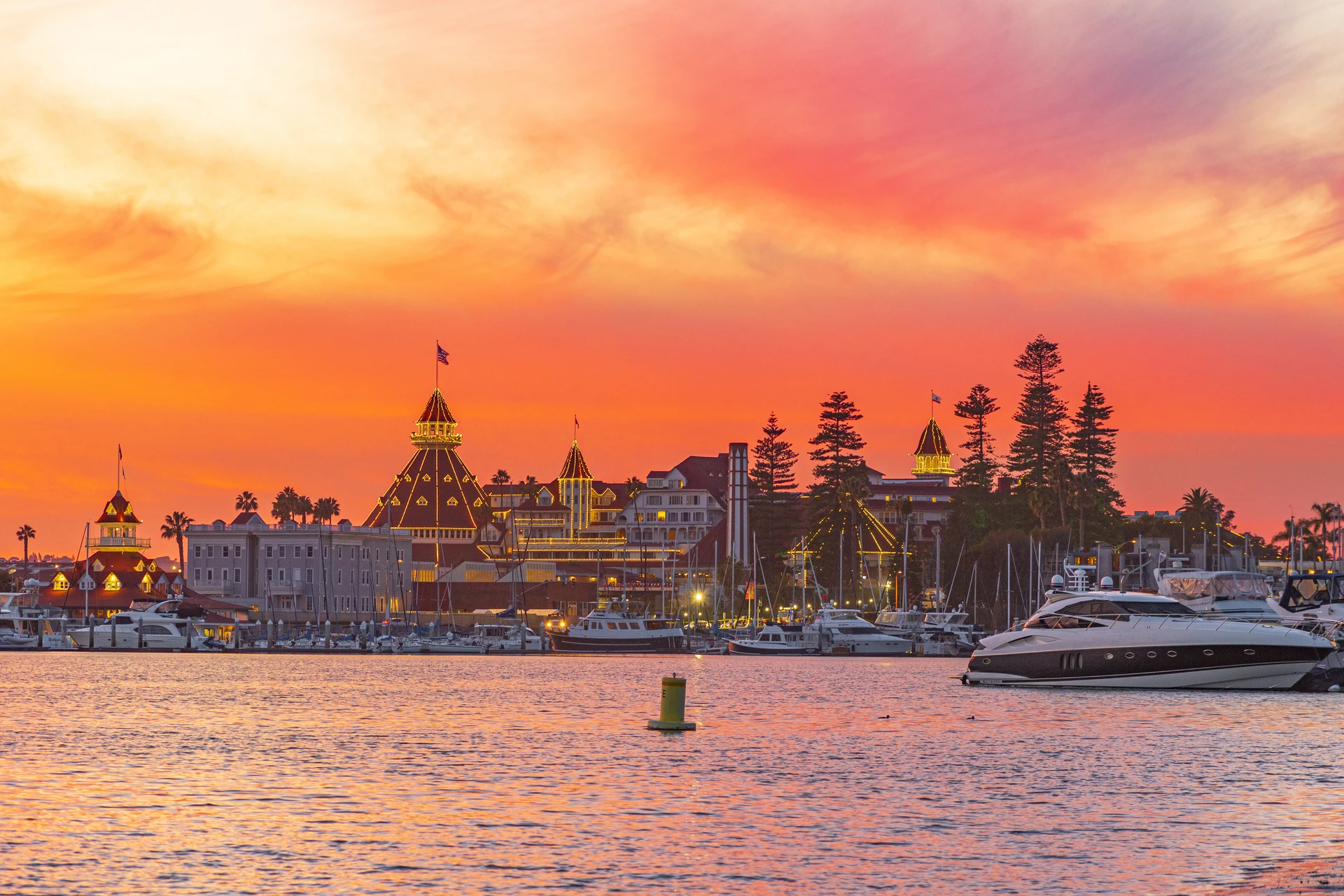 Sunset view over the San Diego Bay to Hotel del Coronado.