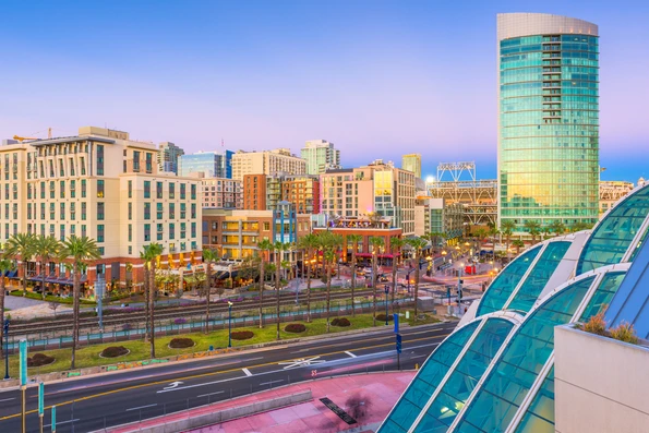 Sunset over the Gaslamp Quarter as seen from the Convention Center.