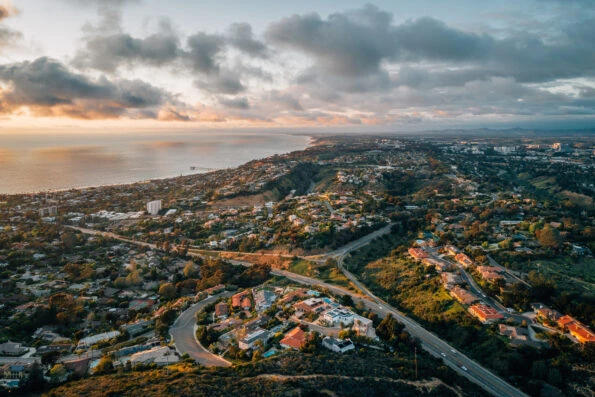 View over La Jolla Shores at Sunset from Mount Soledad in San Diego.
