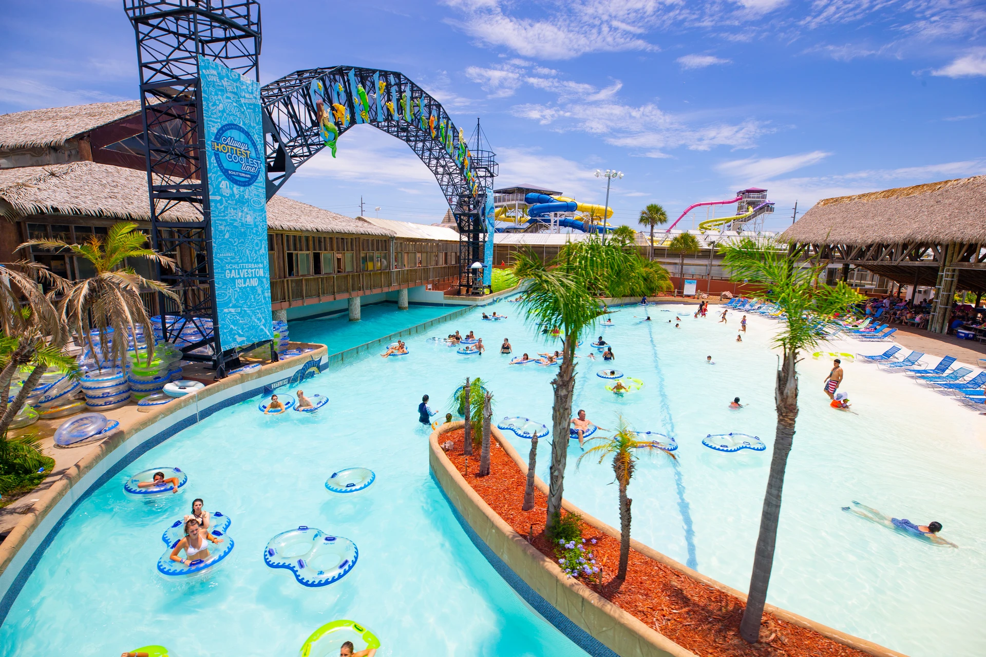 People float on rafts in a pool at Schlitterbahn Galveston
