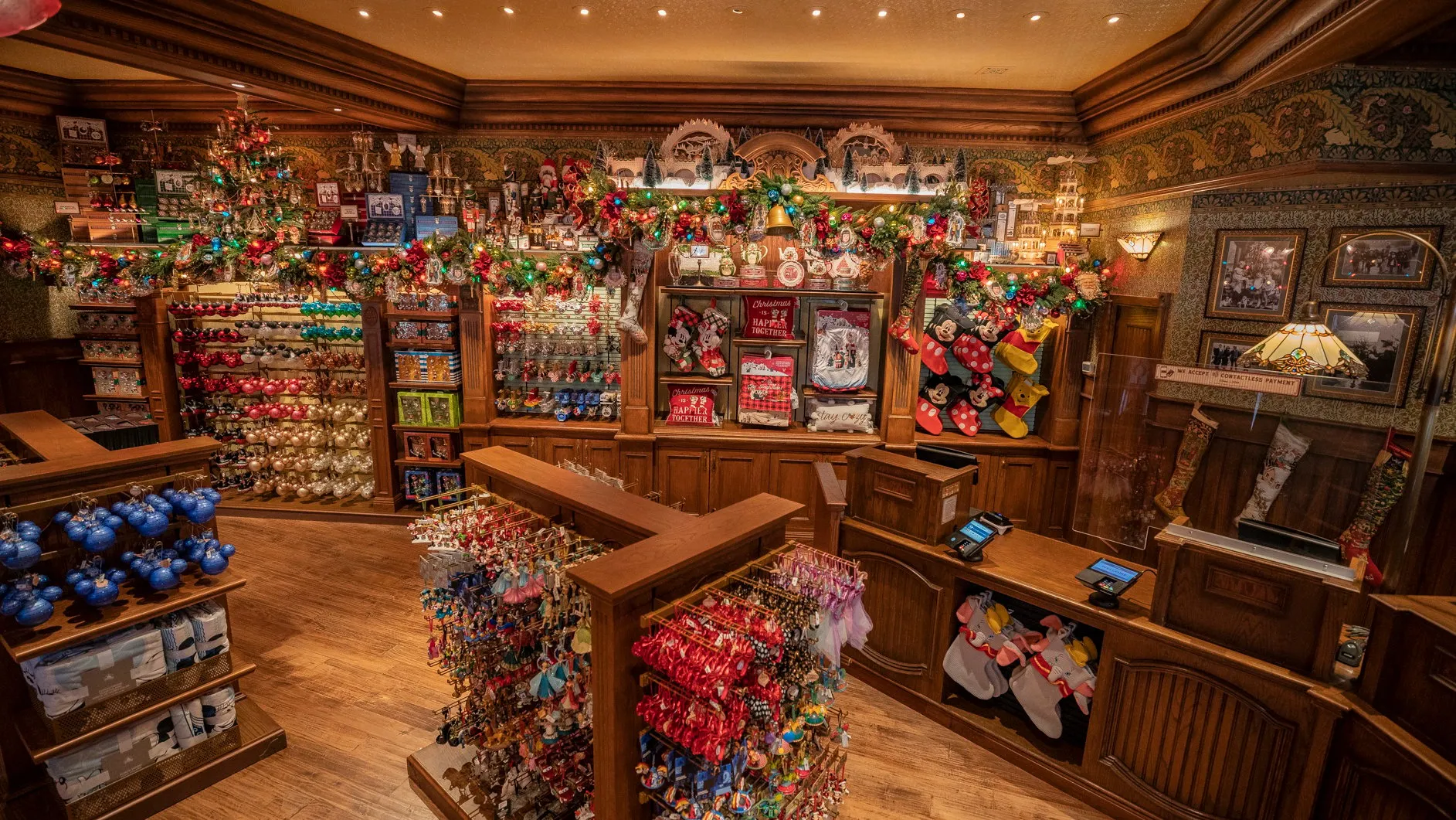 Christmas ornaments on display inside Plaza Point, Disneyland's new holiday store.