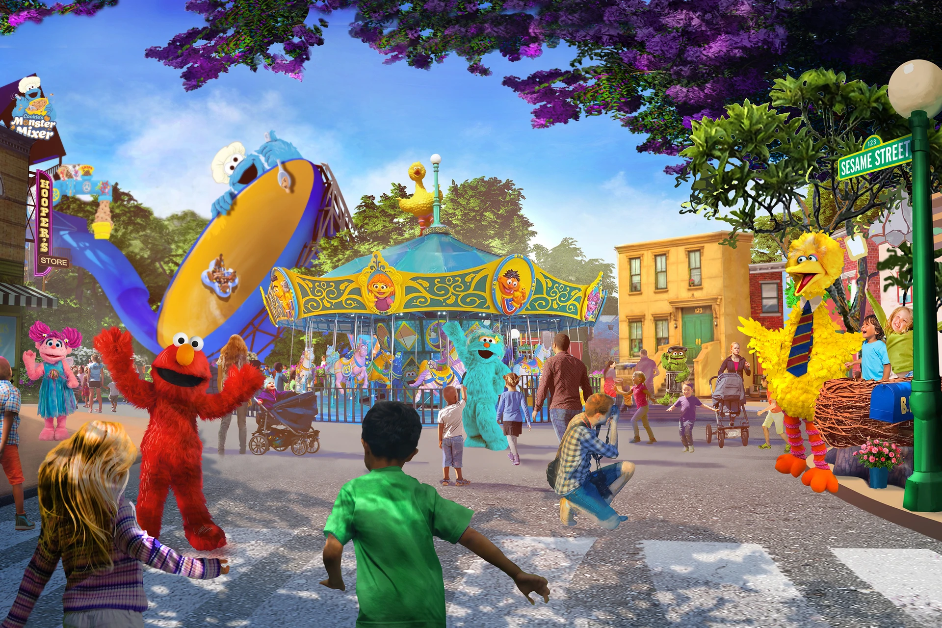 A rendering of families and characters walking through Sesame Street Neighborhood.