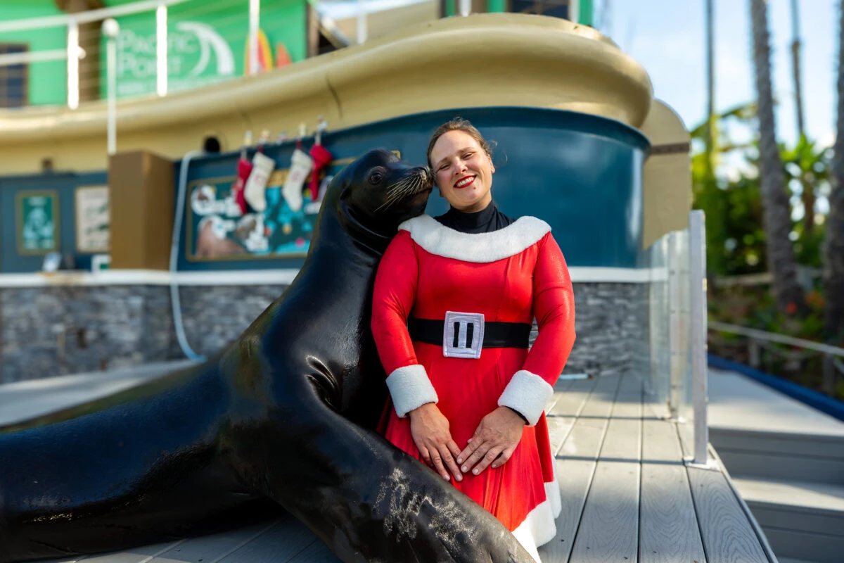 A awoman with Sea Lion_Ozzy in Seaworld San Diego