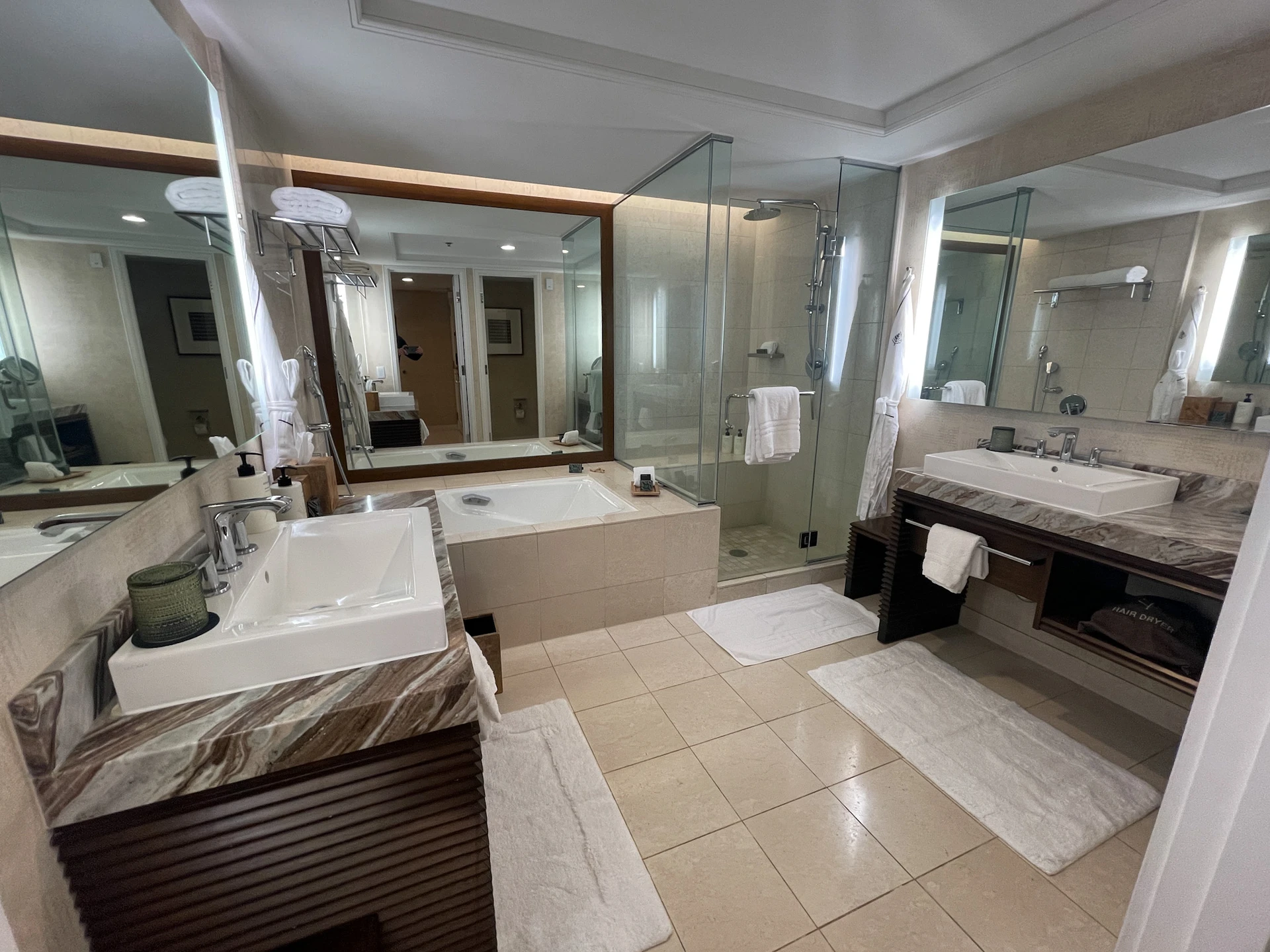 The enormous standard marble bathroom at Four Seasons Oahu