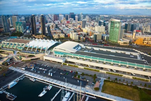 Aerial view of San Diego Convention Center looking toward the city from the bay.