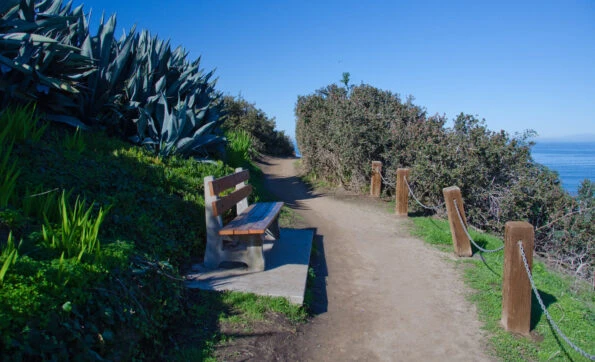 A bench overlooks the ocean on La Jolla Coast Walk Trail.